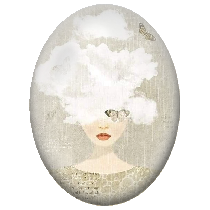 Cabochon en Verre Illustré Femme aux Nuages et Papillons 13x18, 18x25 ou 30x40mm