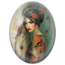 Cabochon en Verre Illustré Femme aux Fleurs Orange et Baies Rouges pour la Création de Bijoux Fantaisie - DIY