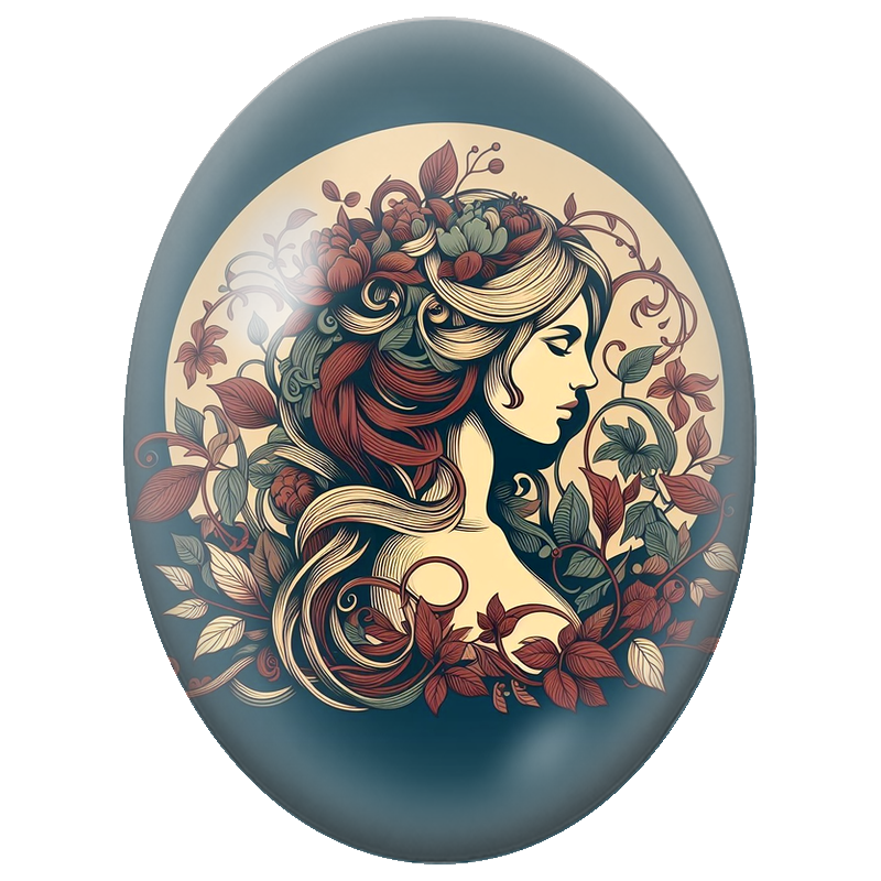 Cabochon en Verre Illustré Femme de Profil au Feuillage d’Automne 13x18, 18x25 ou 30x40mm