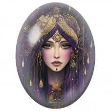 Cabochon en Verre Illustré Femme au Voile Violet et Or pour la Création de Bijoux Fantaisie - DIY
