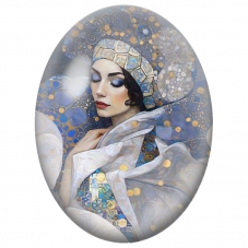 Cabochon en Verre Illustré Femme aux Cygnes Blancs et Mosaïques Bleues pour la Création de Bijoux Fantaisie - DIY