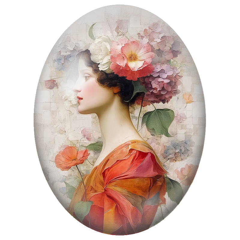 Cabochon en Verre Illustré Femme de Profil aux Fleurs Rose Poudré 13x18, 18x25 ou 30x40mm
