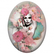 Cabochon en Verre Illustré Femme aux Fleurs Roses et Colibri pour la Création de Bijoux Fantaisie - DIY