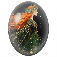 Cabochon en Verre Illustré Femme Rousse à la Robe Verte Fleurie pour la Création de Bijoux Fantaisie - DIY