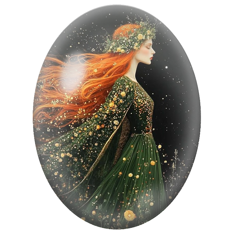 Cabochon en Verre Illustré Femme Rousse à la Robe Verte Fleurie 13x18, 18x25 ou 30x40mm