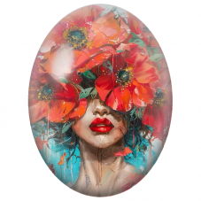 Cabochon en Verre Illustré Visage Féminin sous les Coquelicots Rouges pour la Création de Bijoux Fantaisie - DIY