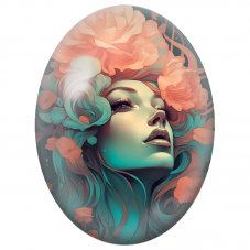 Cabochon en Verre Illustré Femme aux Cheveux Turquoise et Fleurs Corail pour la Création de Bijoux Fantaisie - DIY