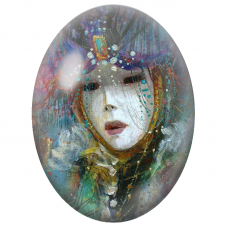 Cabochon en Verre Illustré Femme à la Coiffe de Gemmes Turquoise pour la Création de Bijoux Fantaisie - DIY