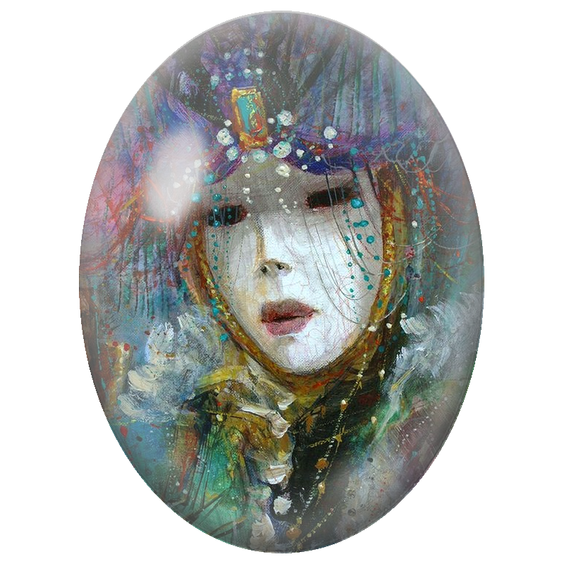 Cabochon en Verre Illustré Femme à la Coiffe de Gemmes Turquoise 13x18, 18x25 ou 30x40mm