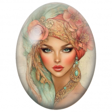 Cabochon en Verre Illustré Femme au Turban Corail et Turquoise pour la Création de Bijoux Fantaisie - DIY