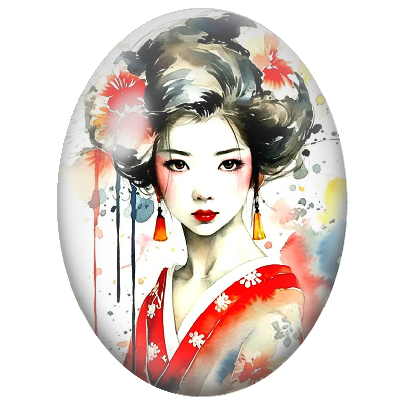 Cabochon en Verre Illustré Femme Japonaise au Kimono Rouge en Aquarelle 13x18, 18x25 ou 30x40mm