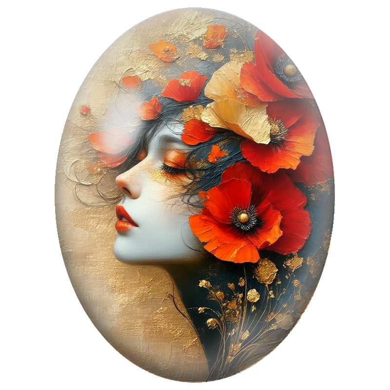 Cabochon en Verre Illustré Femme de Profil aux Coquelicots et Feuilles d’Or 13x18, 18x25 ou 30x40mm