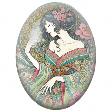 Cabochon en Verre Illustré Femme Art Nouveau au Kimono Fleuri pour la Création de Bijoux Fantaisie - DIY