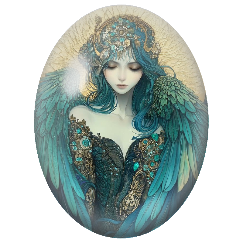 Cabochon en Verre Illustré Ange aux Ailes Turquoise et Joyaux 13x18, 18x25 ou 30x40mm