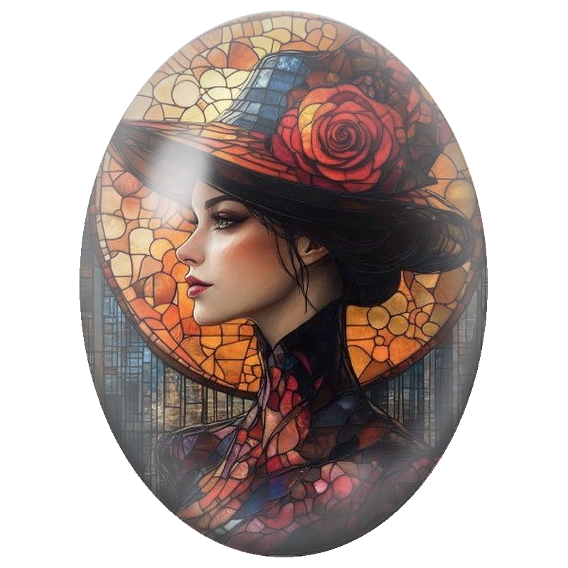 Cabochon en Verre Illustré Sorcière à la Rose Rouge en Vitrail 13x18, 18x25 ou 30x40mm