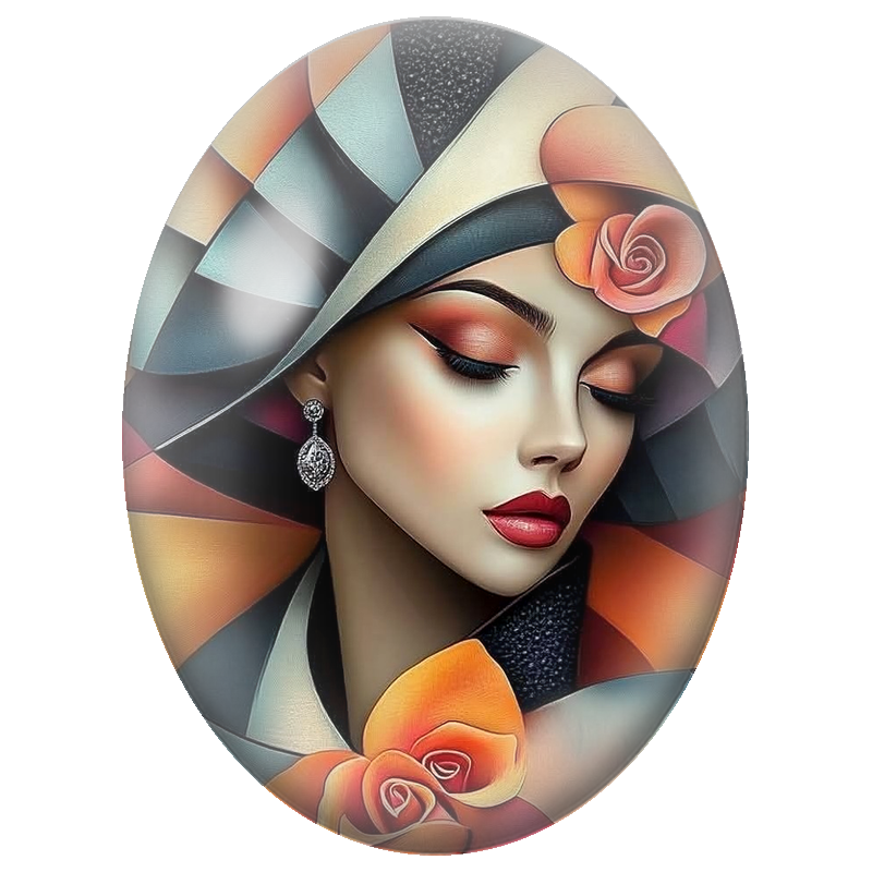 Cabochon en Verre Illustré Femme au Chapeau Géométrique et Roses Orange 13x18, 18x25 ou 30x40mm