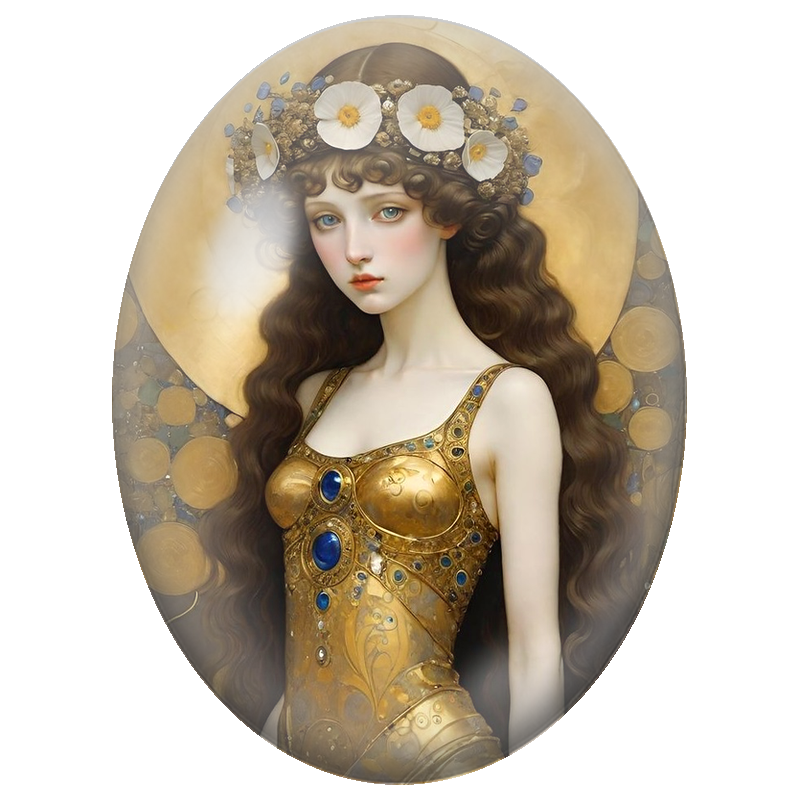 Cabochon en Verre Illustré Femme Dorée aux Gemmes Bleues et Fleurs Blanches 13x18, 18x25 ou 30x40mm