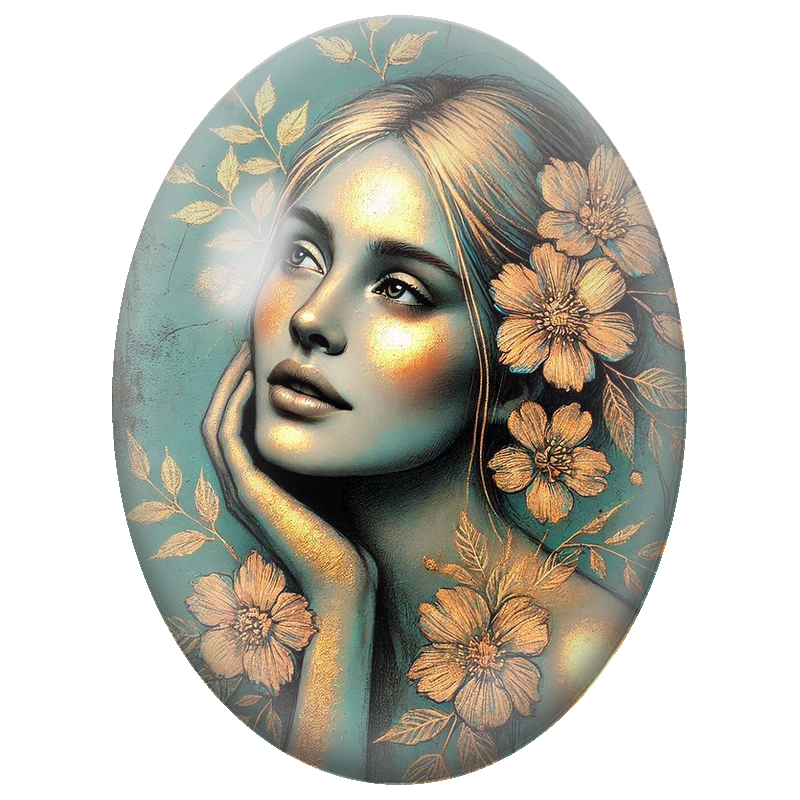 Cabochon en Verre Illustré Femme aux Fleurs Dorées sur Fond Turquoise 13x18, 18x25 ou 30x40mm