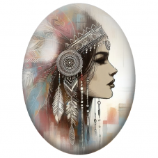 Cabochon en Verre Illustré Femme de Profil à la Coiffe de Plumes pour la Création de Bijoux Fantaisie - DIY