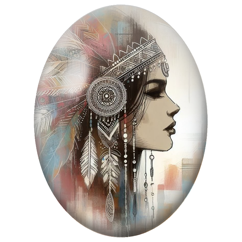 Cabochon en Verre Illustré Femme de Profil à la Coiffe de Plumes 13x18, 18x25 ou 30x40mm