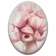 Cabochon en Verre Illustré Visage Féminin sous les Tulipes Roses pour la Création de Bijoux Fantaisie - DIY