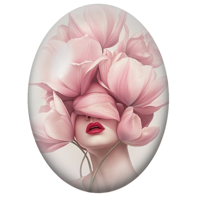 Cabochon en Verre Illustré Visage Féminin sous les Tulipes Roses 13x18, 18x25 ou 30x40mm