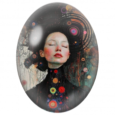 Cabochon en Verre Illustré Femme aux Cercles Colorés et Chevelure Noire pour la Création de Bijoux Fantaisie - DIY