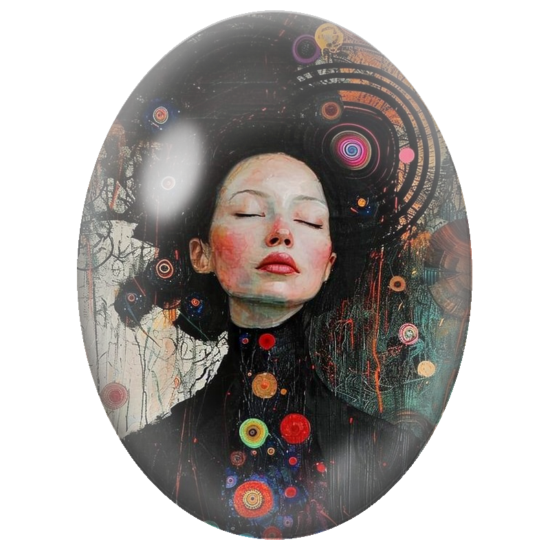 Cabochon en Verre Illustré Femme aux Cercles Colorés et Chevelure Noire 13x18, 18x25 ou 30x40mm