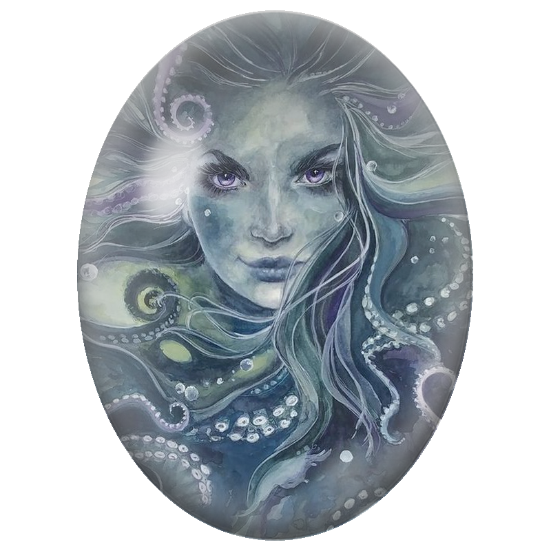 Cabochon en Verre Illustré Femme des Abysses aux Tentacules Violettes 13x18, 18x25 ou 30x40mm