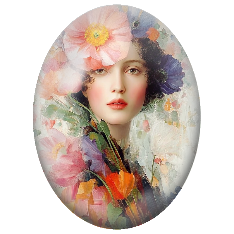 Cabochon en Verre Illustré Femme aux Grandes Fleurs Roses et Oiseau Bleu 13x18, 18x25 ou 30x40mm