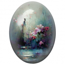 Cabochon en Verre Illustré Femme à l’Ombrelle Blanche dans un Jardin Fleuri pour la Création de Bijoux Fantaisie - DIY