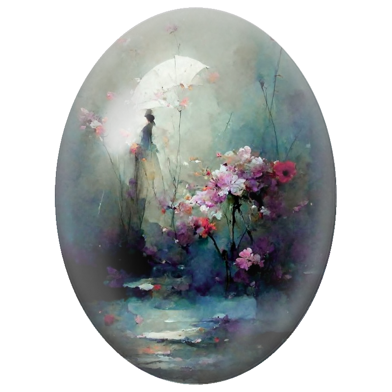 Cabochon en Verre Illustré Femme à l’Ombrelle Blanche dans un Jardin Fleuri 13x18, 18x25 ou 30x40mm