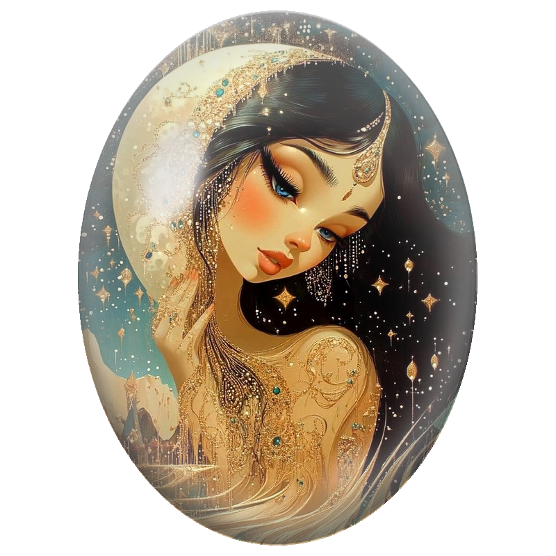 Cabochon en Verre Illustré Princesse Lunaire aux Joyaux Turquoise 13x18, 18x25 ou 30x40mm