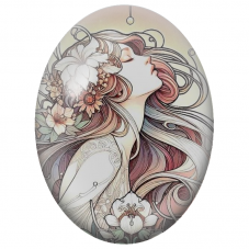 Cabochon en Verre Illustré Femme aux Longs Cheveux et Lys Blancs pour la Création de Bijoux Fantaisie - DIY