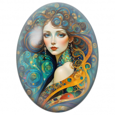 Cabochon en Verre Illustré Femme aux Volutes Turquoise et Dorées pour la Création de Bijoux Fantaisie - DIY