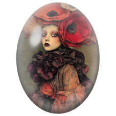 Cabochon en Verre Illustré Jeune Femme aux Coquelicots Sombres pour la Création de Bijoux Fantaisie - DIY