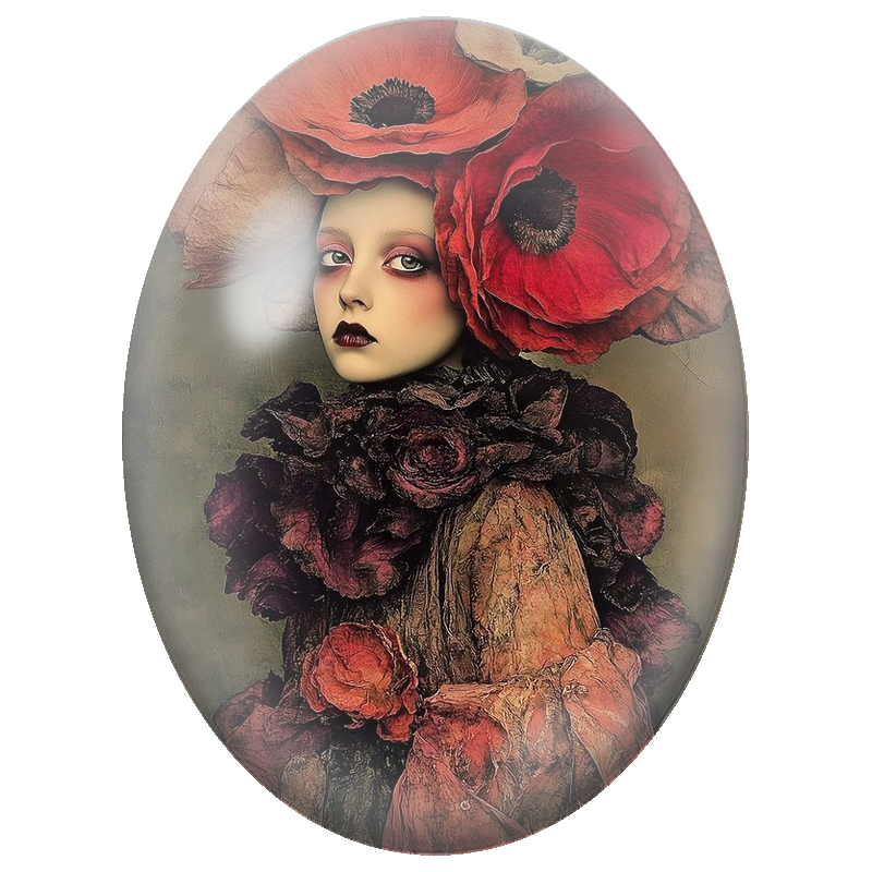 Cabochon en Verre Illustré Jeune Femme aux Coquelicots Sombres 13x18, 18x25 ou 30x40mm