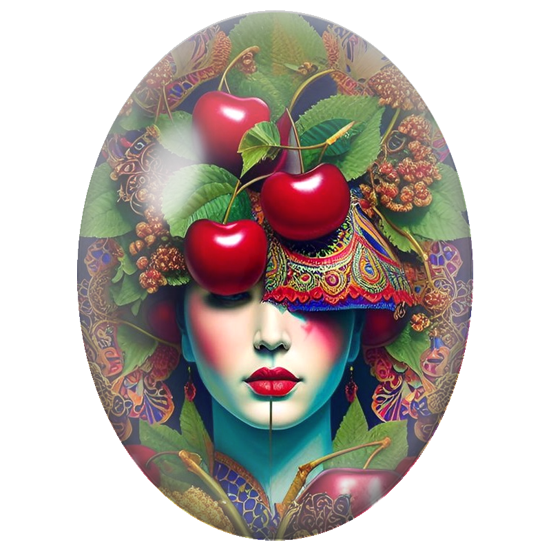 Cabochon en Verre Illustré Femme à la Coiffe de Cerises Rouges 13x18, 18x25 ou 30x40mm