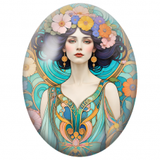 Cabochon en Verre Illustré Femme Art Nouveau à la Couronne Fleurie pour la Création de Bijoux Fantaisie - DIY