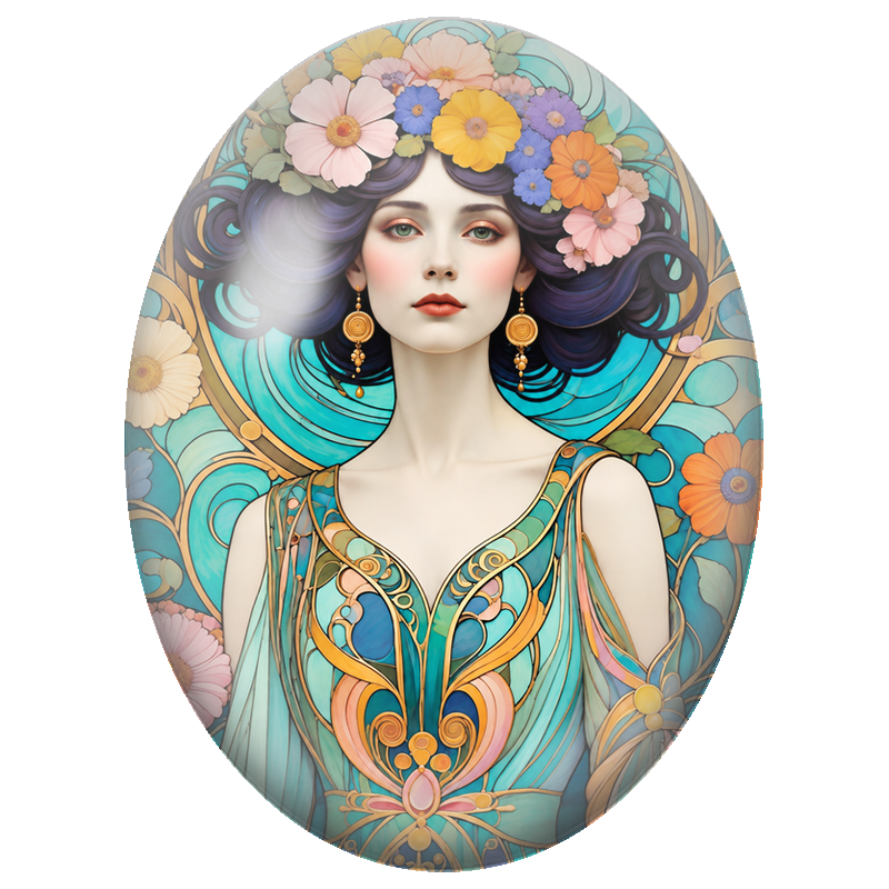 Cabochon en Verre Illustré Femme Art Nouveau à la Couronne Fleurie 13x18, 18x25 ou 30x40mm