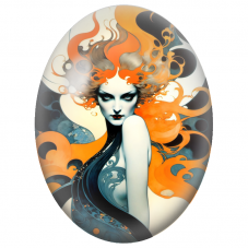 Cabochon en Verre Illustré Femme aux Flammes Orange et Noires pour la Création de Bijoux Fantaisie - DIY