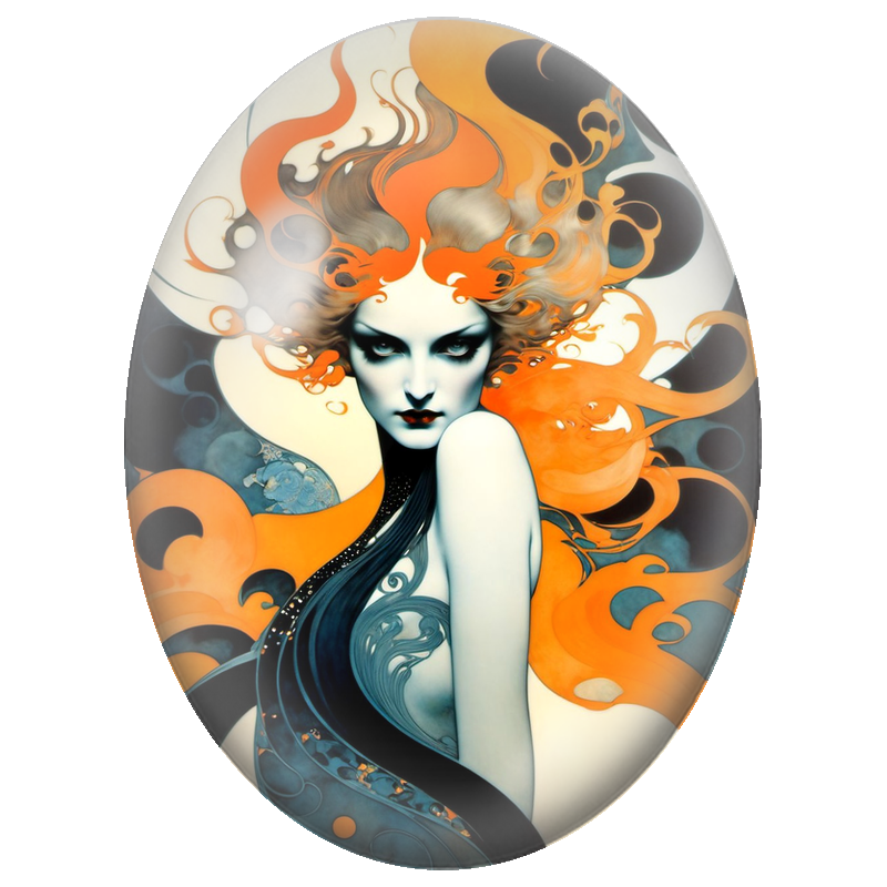 Cabochon en Verre Illustré Femme aux Flammes Orange et Noires 13x18, 18x25 ou 30x40mm