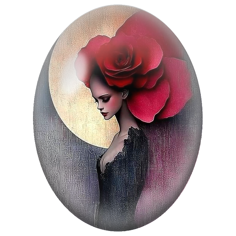 Cabochon en Verre Illustré Femme à la Rose Rouge sous la Lune 13x18, 18x25 ou 30x40mm