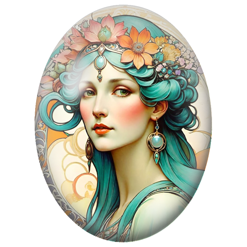 Cabochon en Verre Illustré Femme aux Cheveux Turquoise et Fleurs Orange 13x18, 18x25 ou 30x40mm