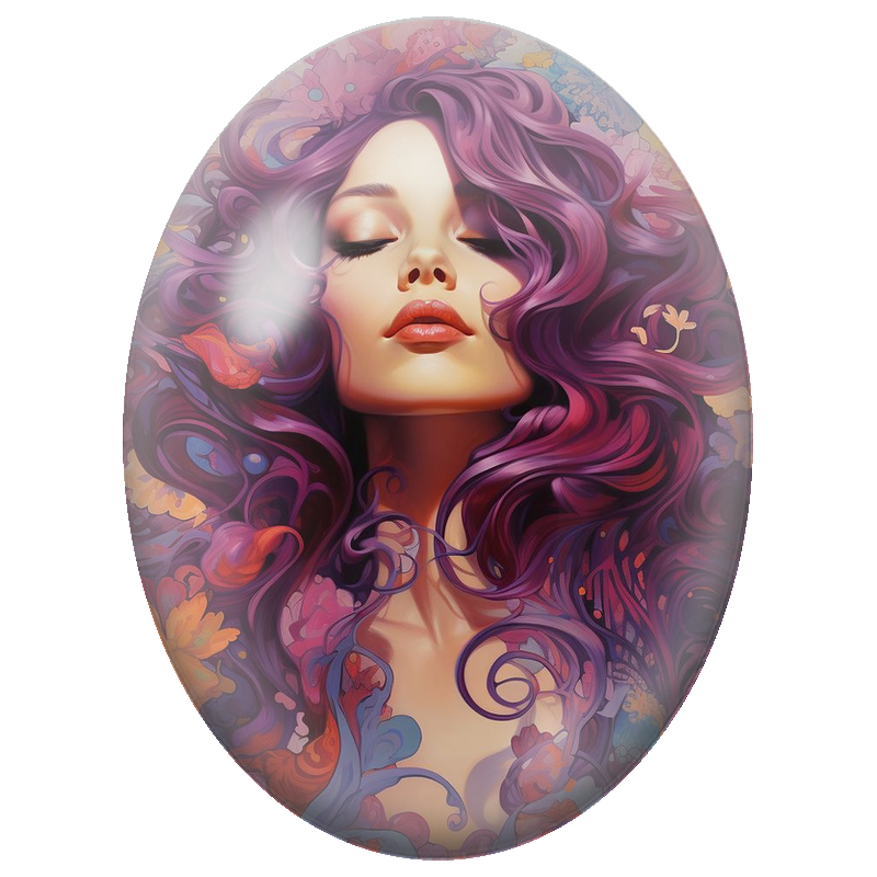 Cabochon en Verre Illustré Femme aux Cheveux Violets et Fleurs Colorées 13x18, 18x25 ou 30x40mm