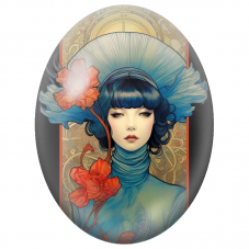 Cabochon en Verre Illustré Femme en Bleu aux Fleurs Corail pour la Création de Bijoux Fantaisie - DIY