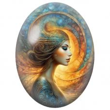 Cabochon en Verre Illustré Femme Solaire aux Volutes Bleues et Dorées pour la Création de Bijoux Fantaisie - DIY