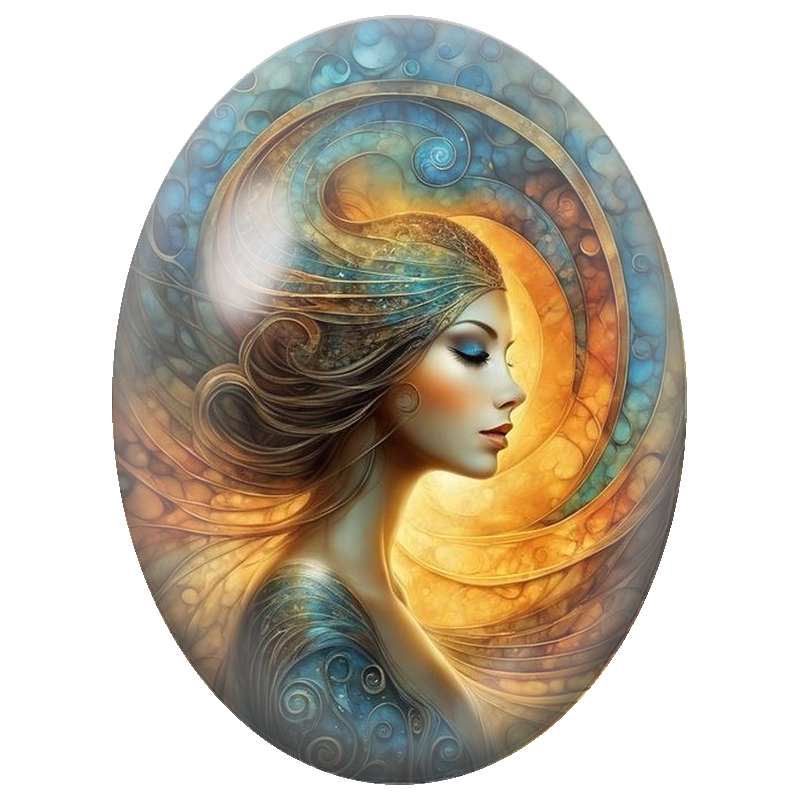 Cabochon en Verre Illustré Femme Solaire aux Volutes Bleues et Dorées 13x18, 18x25 ou 30x40mm