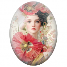 Cabochon en Verre Illustré Femme au Bouquet de Pavots Roses pour la Création de Bijoux Fantaisie - DIY