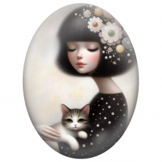 Cabochon en Verre Illustré Jeune Femme au Carré Noir avec son Chat pour la Création de Bijoux Fantaisie - DIY